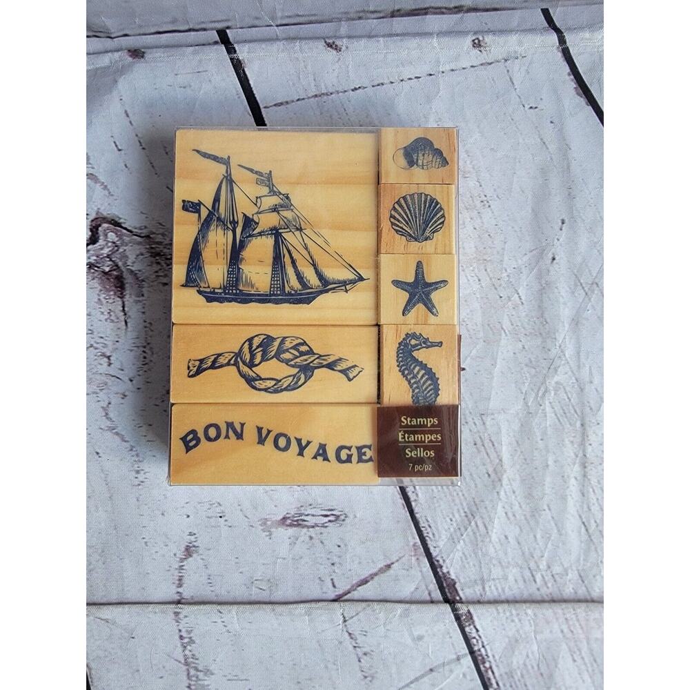 Recollections BON VOYAGE 7pc Wood Rubber Ink Stamps Set Ship Sea Shell Seahorse
